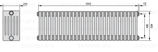 Схема (чертеж) Радиатор Zehnder Charleston 6045/27 №7610 Белый глянцевый RAL 9016